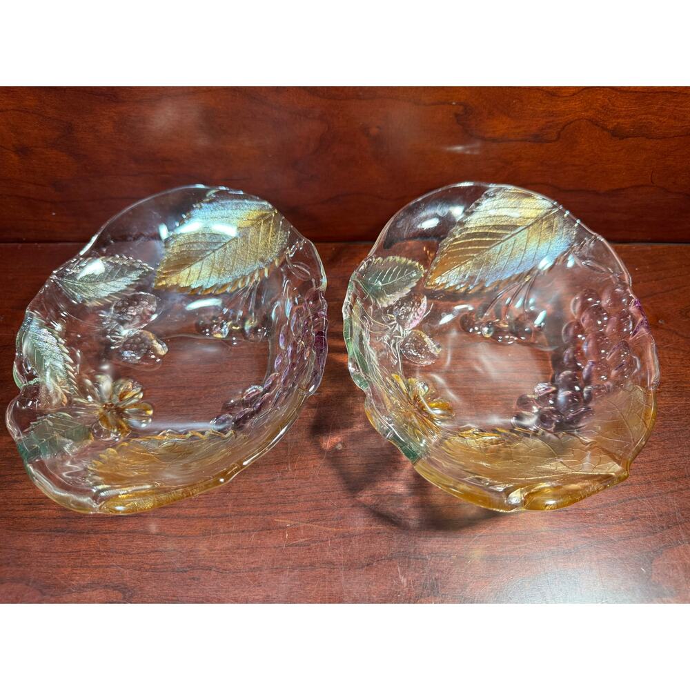 Set of 2 Mikasa Walther Crystal Oval Bowls Iridescent Grapes and Leaves Colorful
